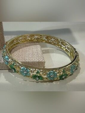 New Gold-Tone Floral Bangle Bracelet with Aqua and Green Enamel